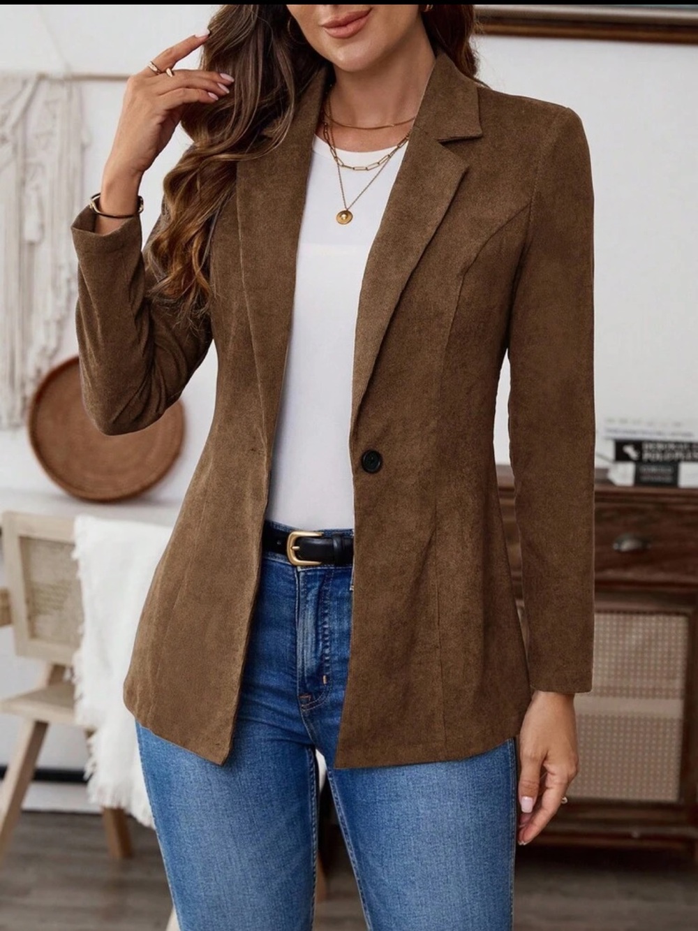 Women’s Brown Suede-Look Single-Button Blazer